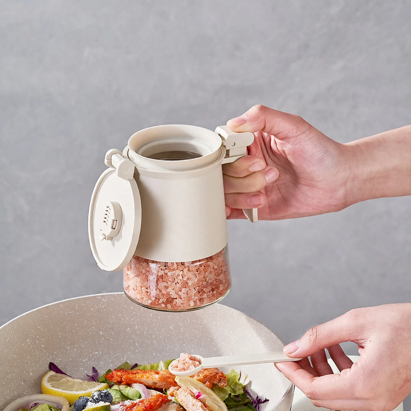 Glas-Gewürzbehälter mit Löffel und Trockenmittel-Fach, 350 ml