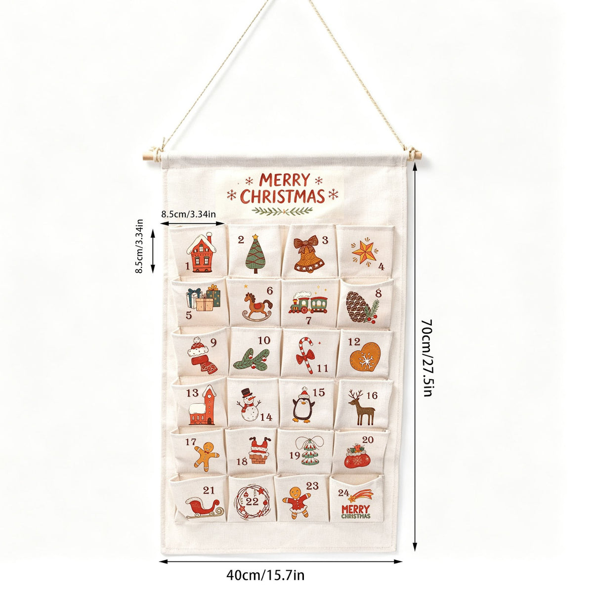 Weihnachts-Adventskalender aus Stoff mit 24 Taschen