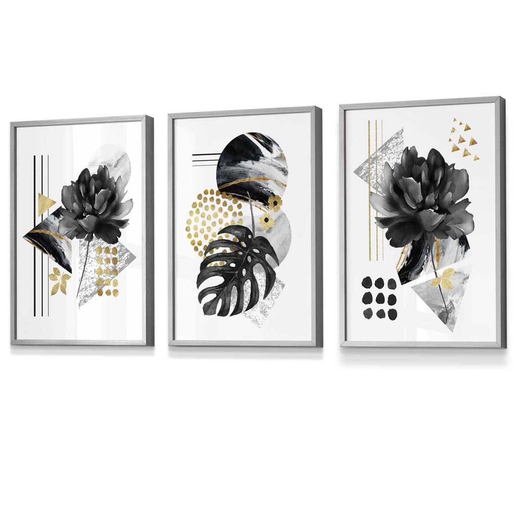 Abstrakte botanische Kunstdrucke in Schwarz und Gold / Gerahmt