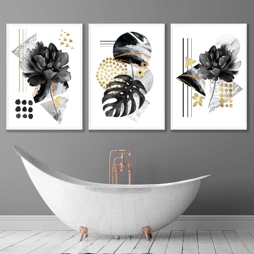 Abstrakte botanische Kunstdrucke in Schwarz und Gold / Gerahmt