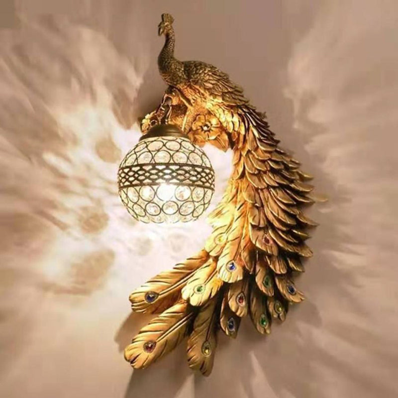 Brehn | Hars Wandlamp Sconces Pauw 1 Licht Traditionele Wandmontage Lamp met Globe Kristal Ingebedde Schaduw