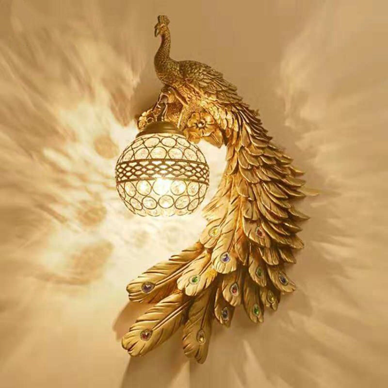 Brehn | Hars Wandlamp Sconces Pauw 1 Licht Traditionele Wandmontage Lamp met Globe Kristal Ingebedde Schaduw
