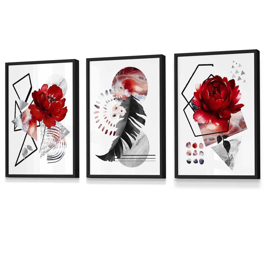 Abstraktes, rot-schwarzes botanisches Set aus 3 gerahmten Wandbildern