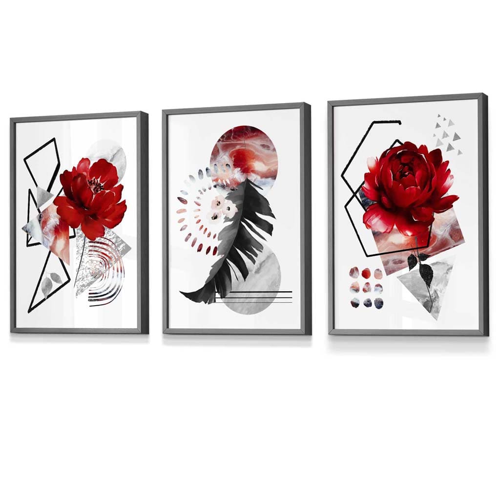 Abstraktes, rot-schwarzes botanisches Set aus 3 gerahmten Wandbildern
