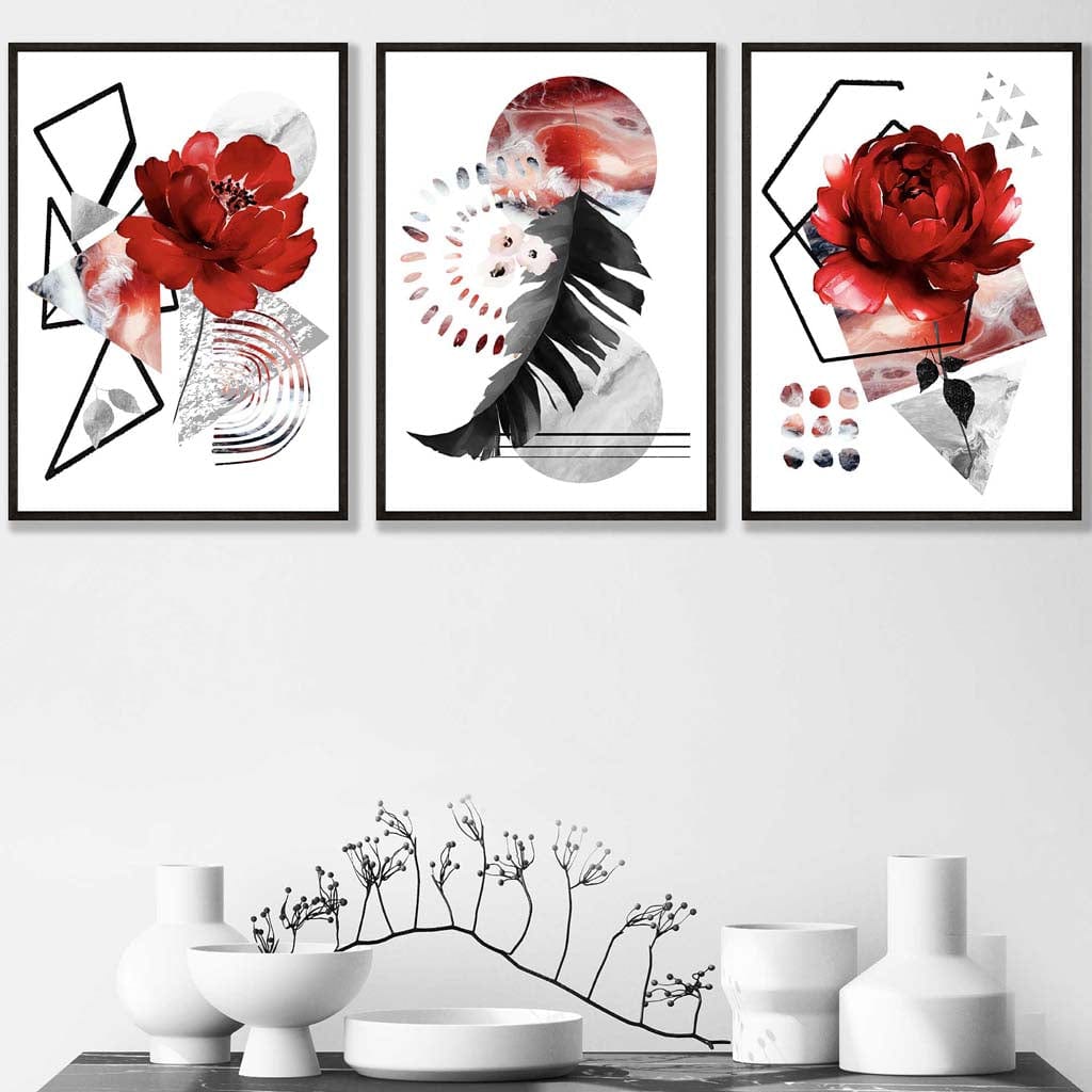 Abstraktes, rot-schwarzes botanisches Set aus 3 gerahmten Wandbildern