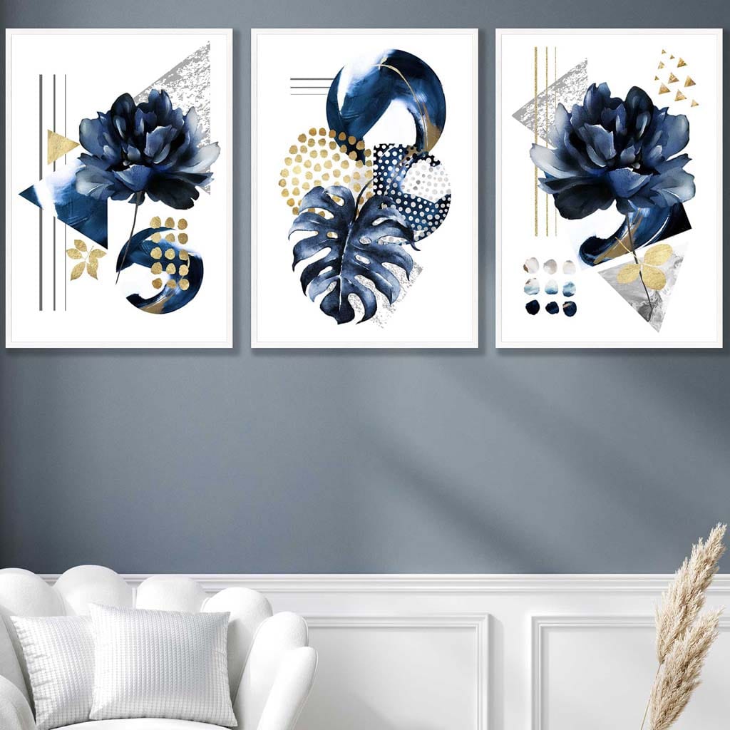 Abstraktes geometrisches Blumenmuster in Marineblau und Gold, 3er-Set Wandbilder