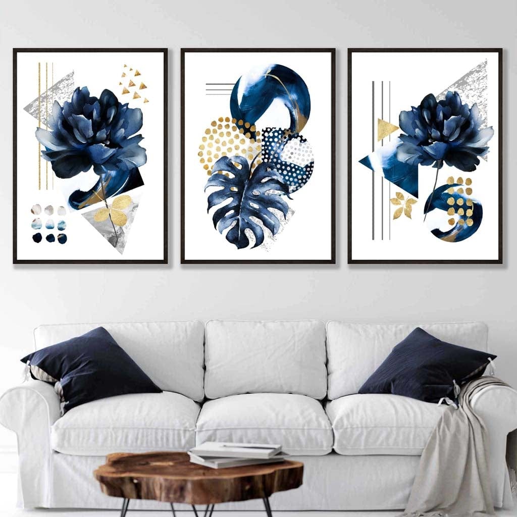 Abstraktes geometrisches Blumenmuster in Marineblau und Gold, 3er-Set Wandbilder