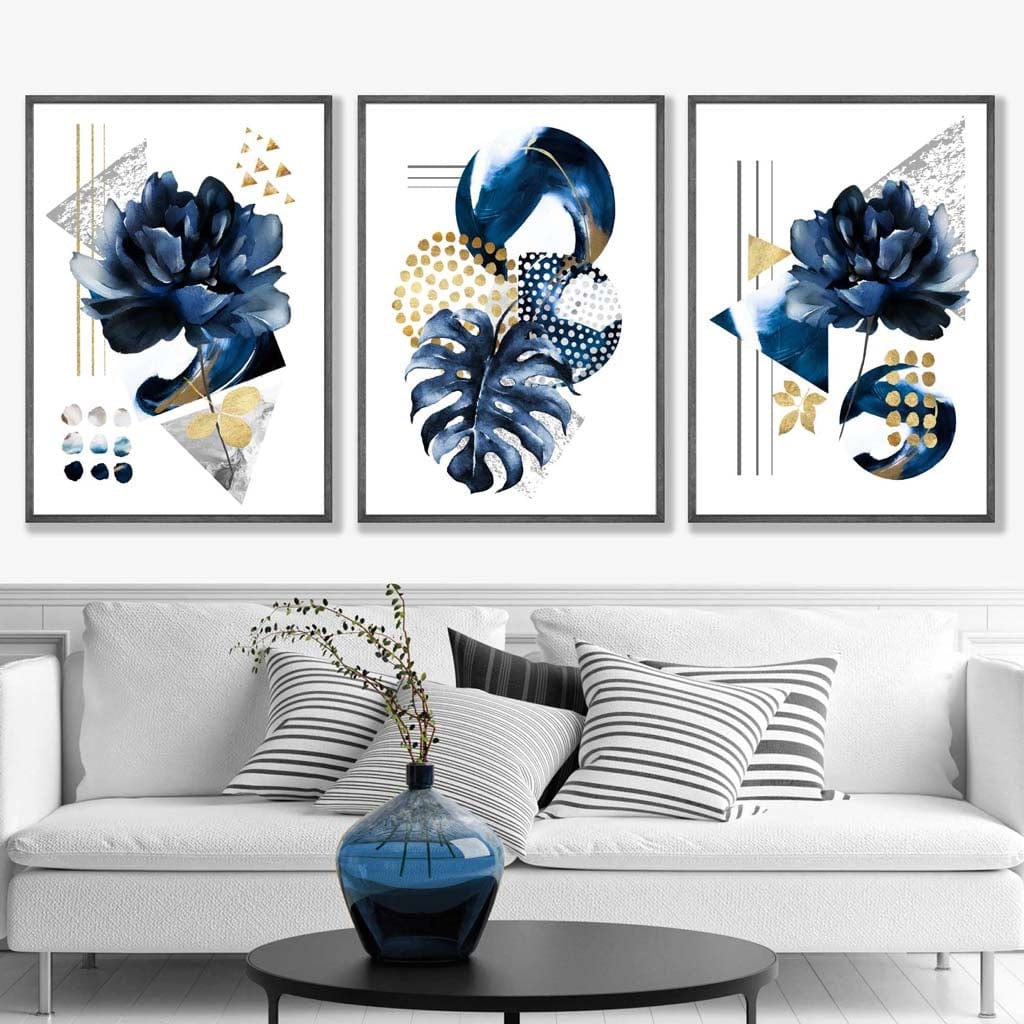 Abstraktes geometrisches Blumenmuster in Marineblau und Gold, 3er-Set Wandbilder