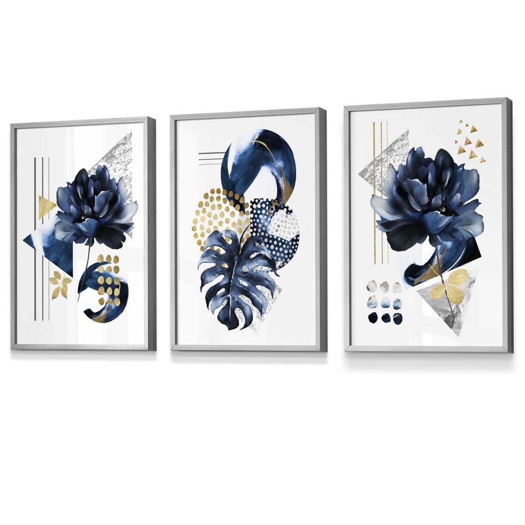 Abstraktes maritimes und goldenes botanisches Set aus 3 gerahmten Wandbildern