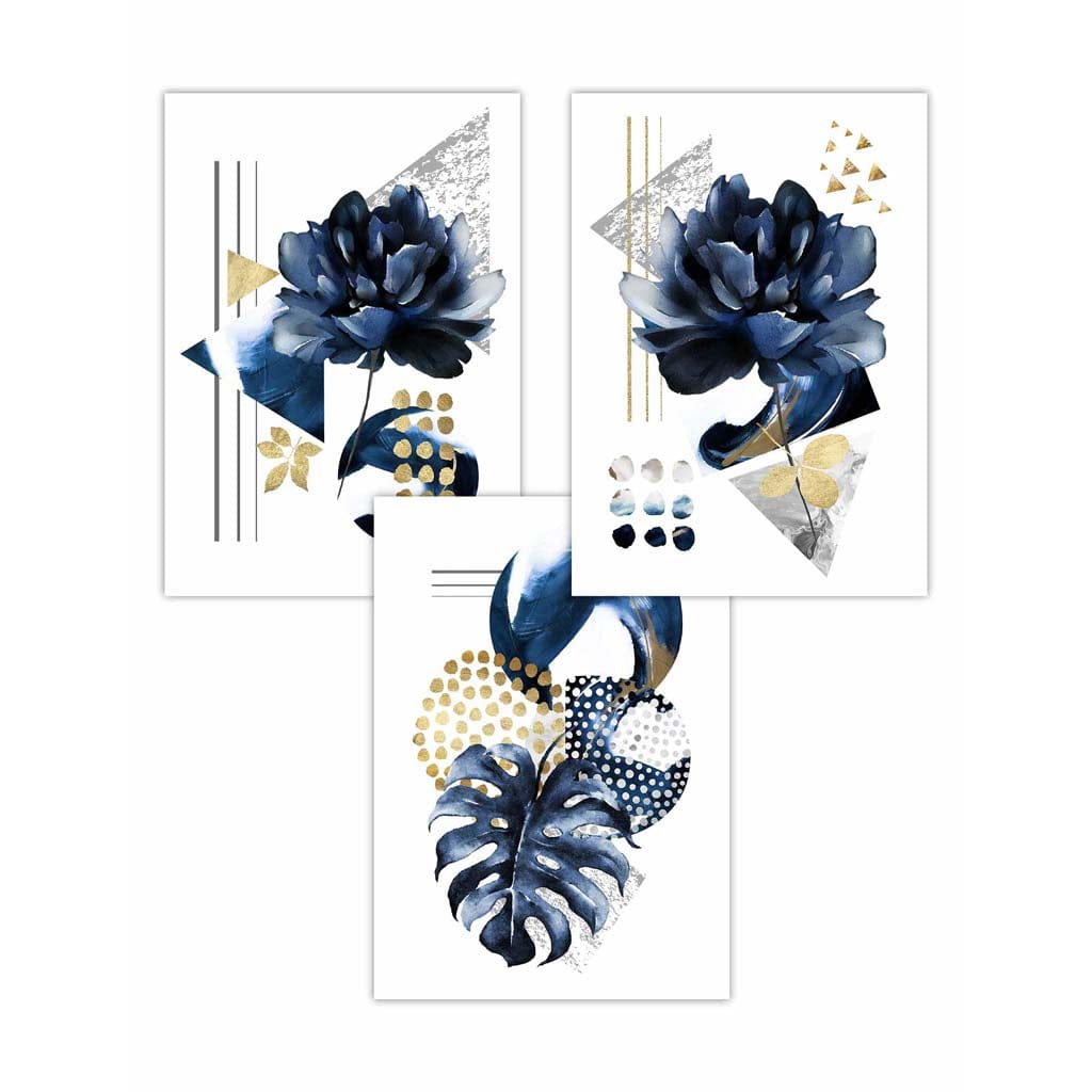 Abstraktes geometrisches Blumenmuster in Marineblau und Gold, 3er-Set Wandbilder