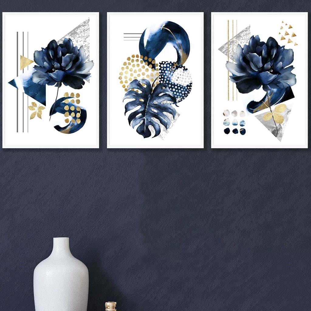 Abstraktes geometrisches Blumenmuster in Marineblau und Gold, 3er-Set Wandbilder