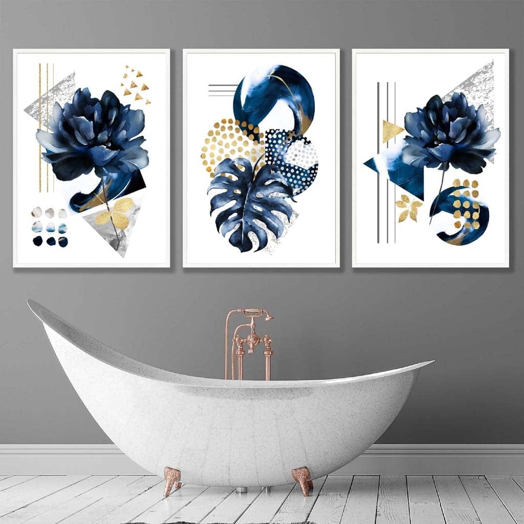 Abstraktes maritimes und goldenes botanisches Set aus 3 gerahmten Wandbildern