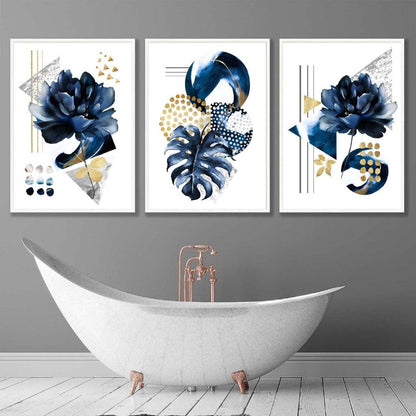 Abstraktes maritimes und goldenes botanisches Set aus 3 gerahmten Wandbildern