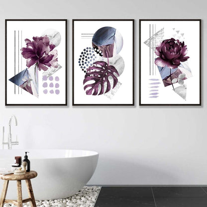 Abstrakte, lila und silbergraue florale Wandbilder mit Rahmen