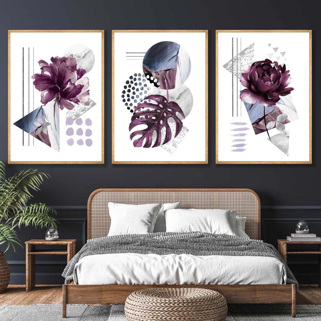 Modernes Set aus 3 Wandbildern mit lila-silbergrauen Blumenmotiven