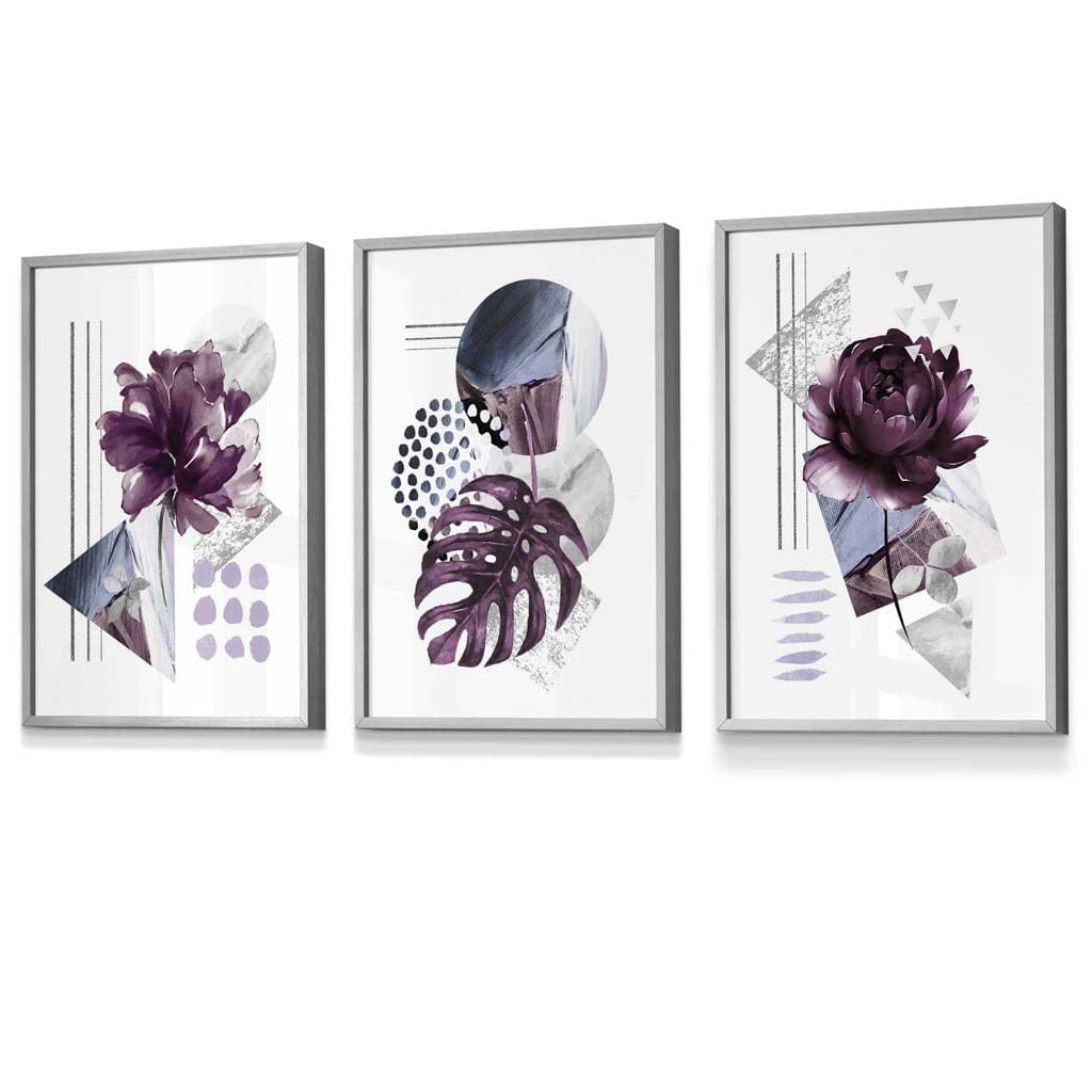 Abstrakte, lila und silbergraue florale Wandbilder mit Rahmen