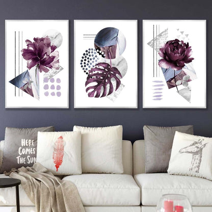 Abstrakte, lila und silbergraue florale Wandbilder mit Rahmen