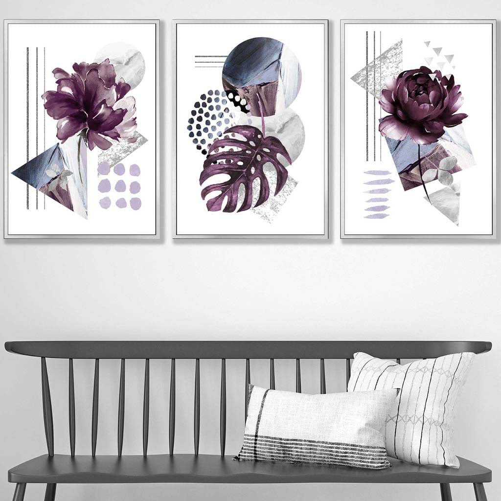 Modernes Set aus 3 Wandbildern mit lila-silbergrauen Blumenmotiven