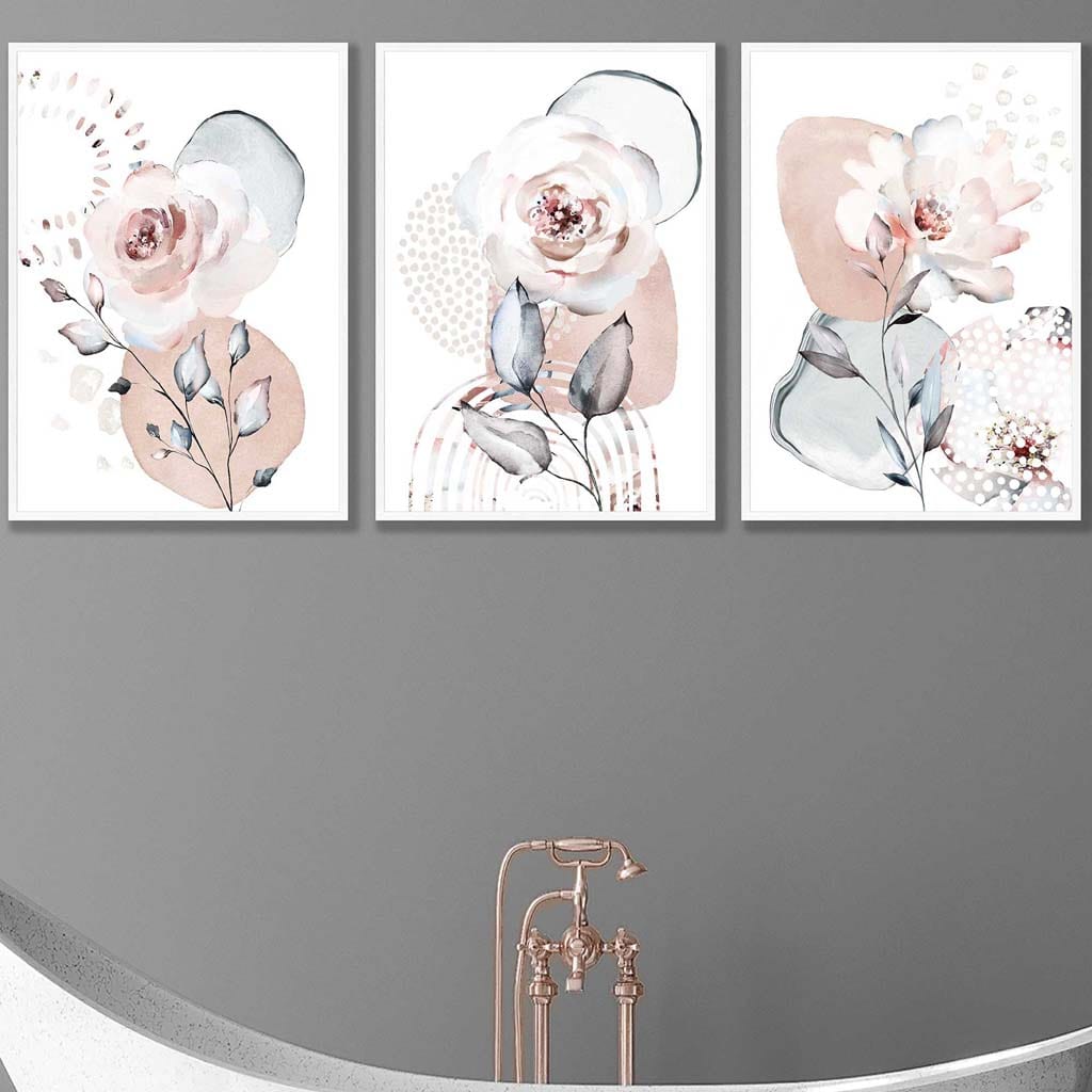 Abstrakte Kunstdrucke mit Blumen in Rosa und Grau