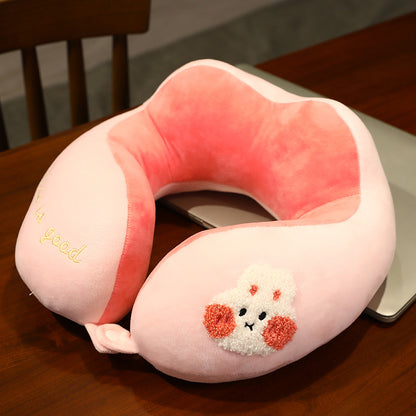 Plüsch-Nackenreisekissen mit ergonomischer U‑Form, Druckknopfverschluss und niedlicher Stickerei