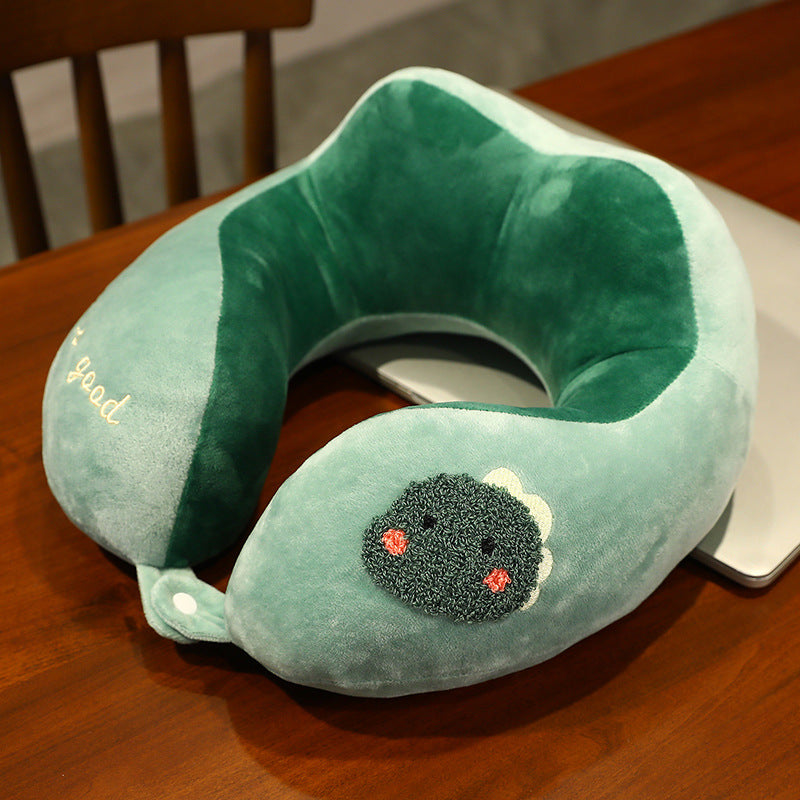 Plüsch-Nackenreisekissen mit ergonomischer U‑Form, Druckknopfverschluss und niedlicher Stickerei