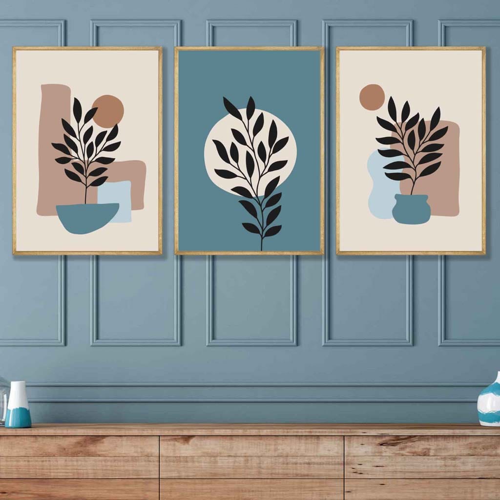 Botanisches Set aus 3 Boho-Wandbildern in Blau und Braun