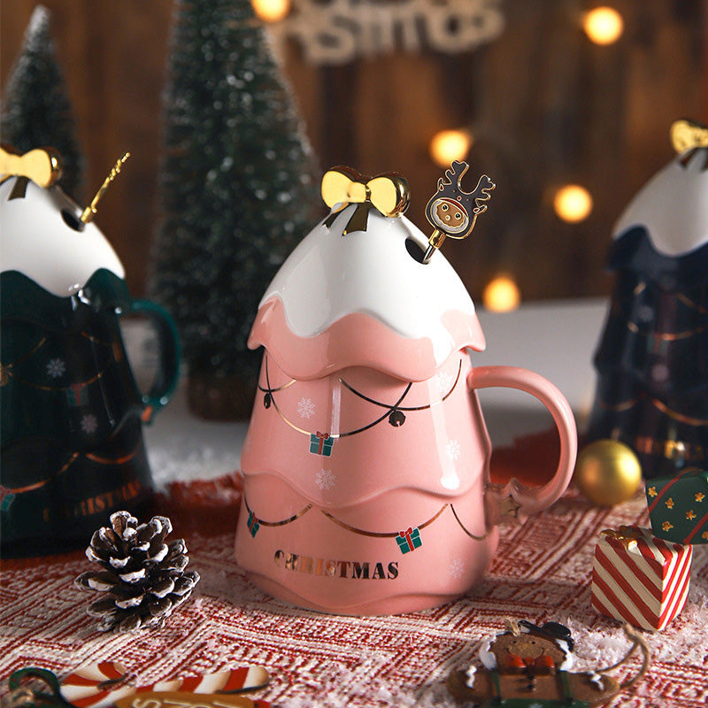 Brehn | Weihnachtsbecher Geschenk mit Deckel und Rührer Große Kapazität Keramikkaffeetasse