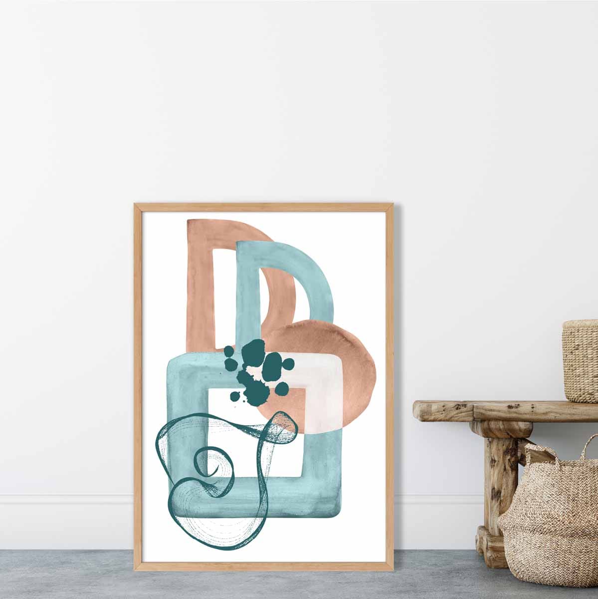 Abstraktes Wandposter in Aquablau und Beige Nr. 1