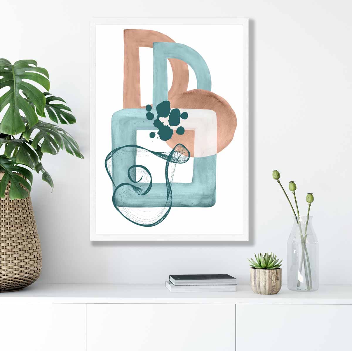 Abstraktes Wandposter in Aquablau und Beige Nr. 1