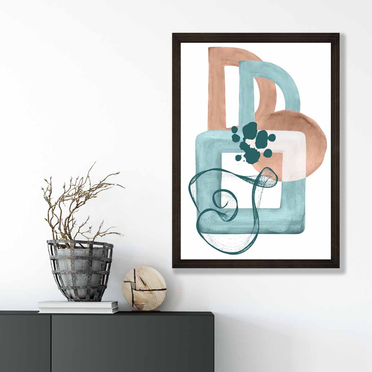 Abstraktes Wandposter in Aquablau und Beige Nr. 1