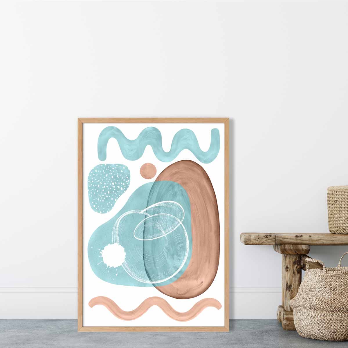 Abstraktes Wandposter in Aquablau und Beige Nr. 2