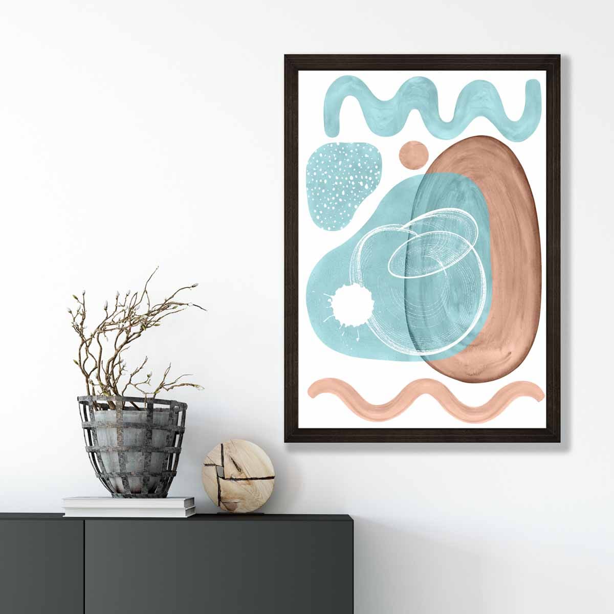 Abstraktes Wandposter in Aquablau und Beige Nr. 2