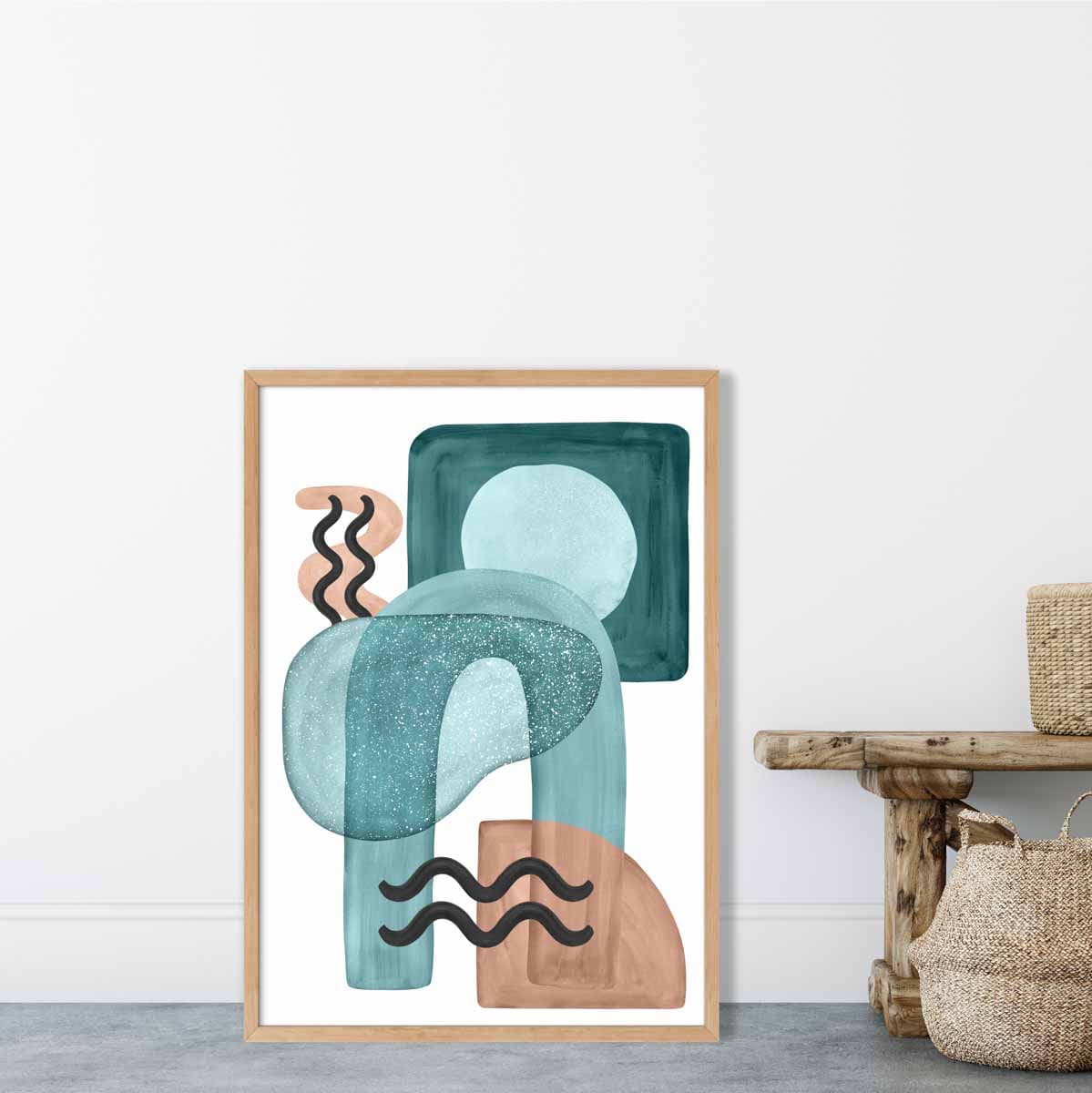 Abstraktes Wandposter in Aquablau und Beige Nr. 3