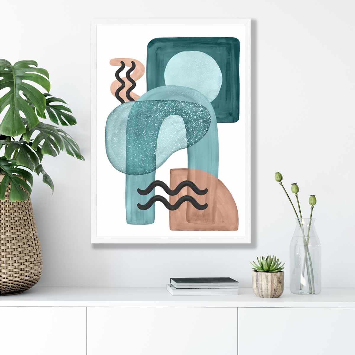 Abstraktes Wandposter in Aquablau und Beige Nr. 3