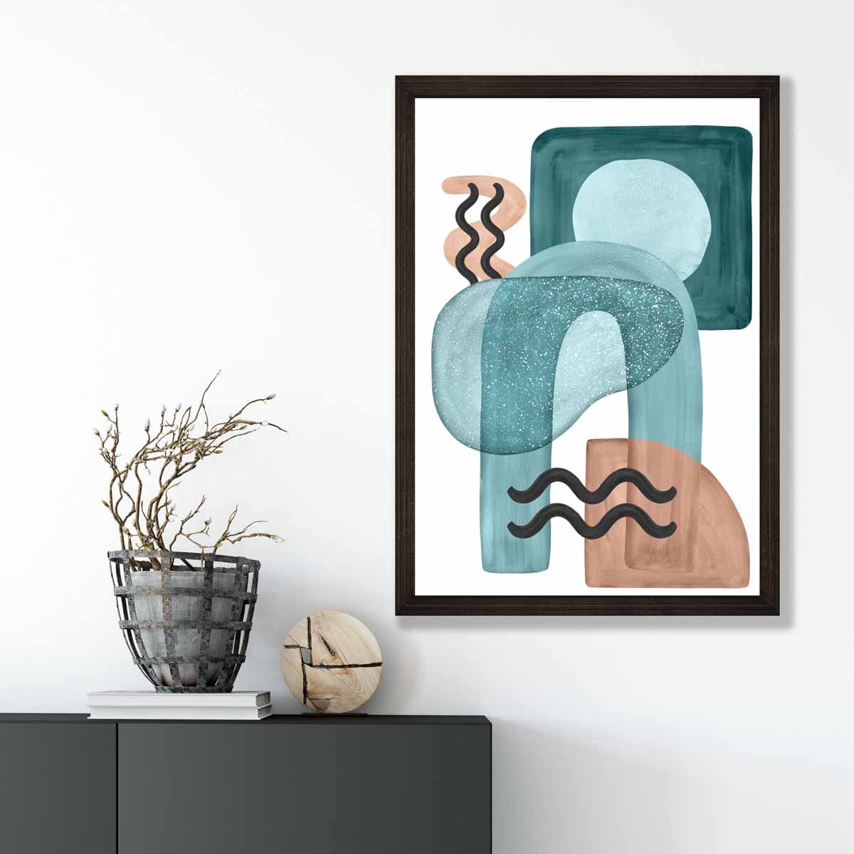 Abstraktes Wandposter in Aquablau und Beige Nr. 3