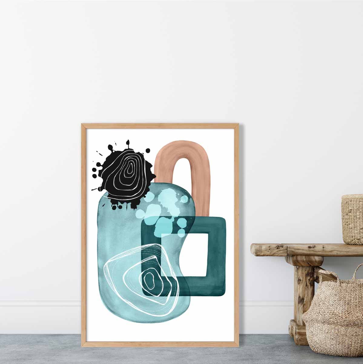 Abstraktes Wandposter in Aquablau und Beige Nr. 4