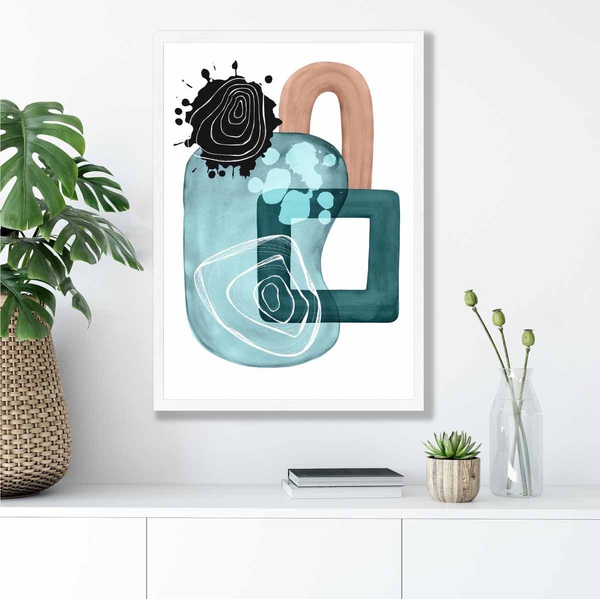 Abstraktes Wandposter in Aquablau und Beige Nr. 4