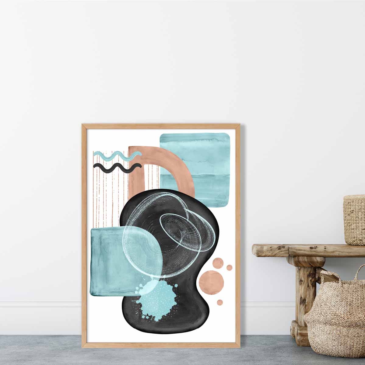 Abstraktes Wandposter in Aquablau und Beige Nr. 5