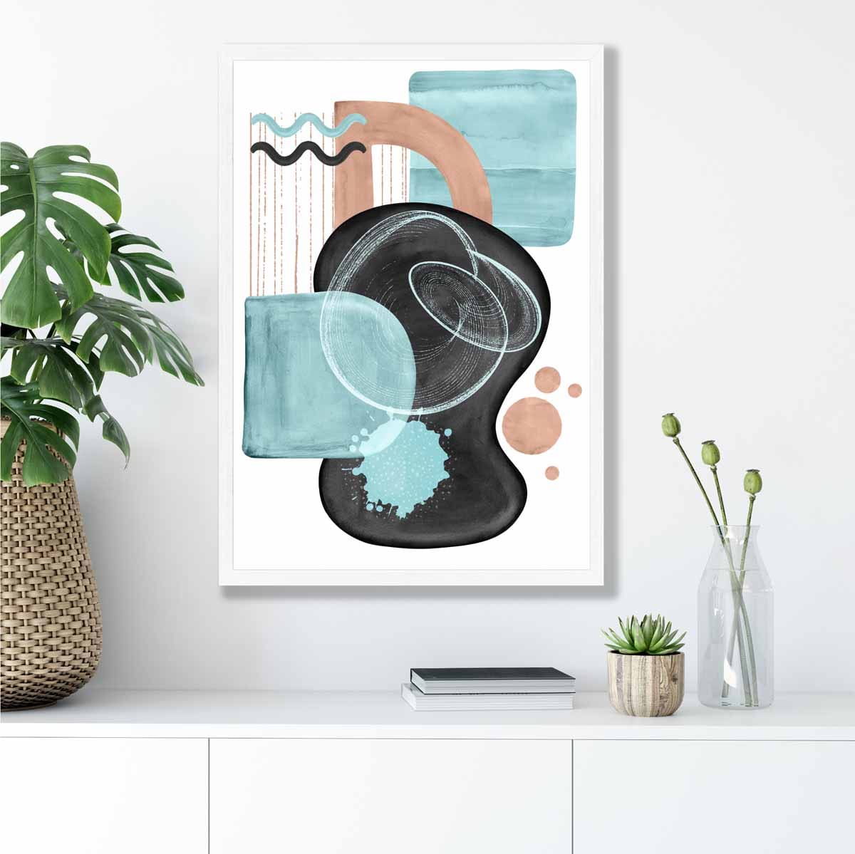 Abstraktes Wandposter in Aquablau und Beige Nr. 5