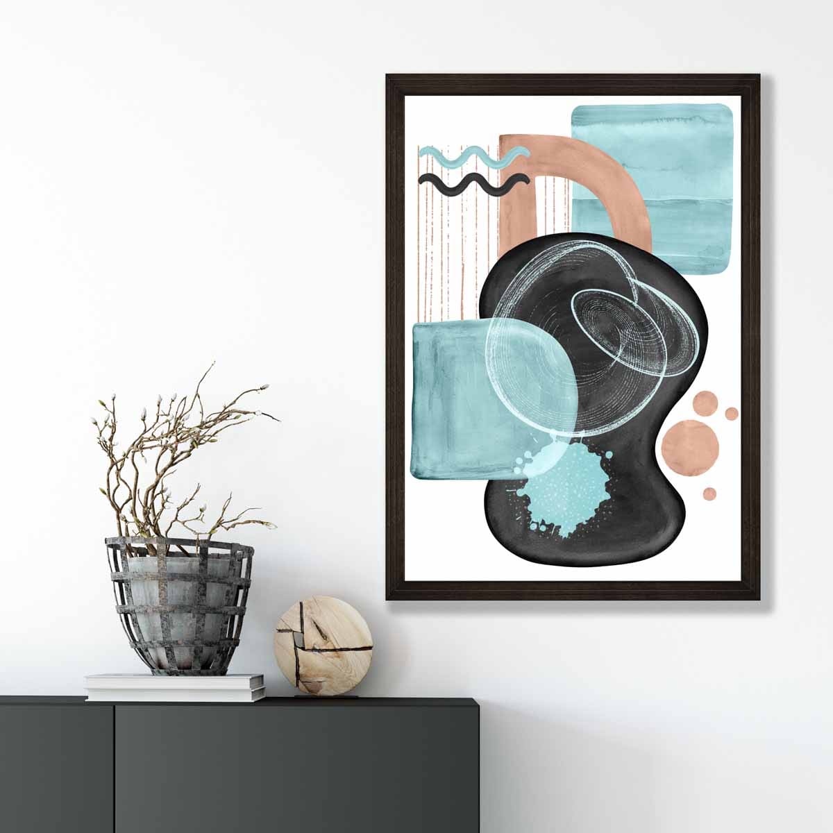 Abstraktes Wandposter in Aquablau und Beige Nr. 5
