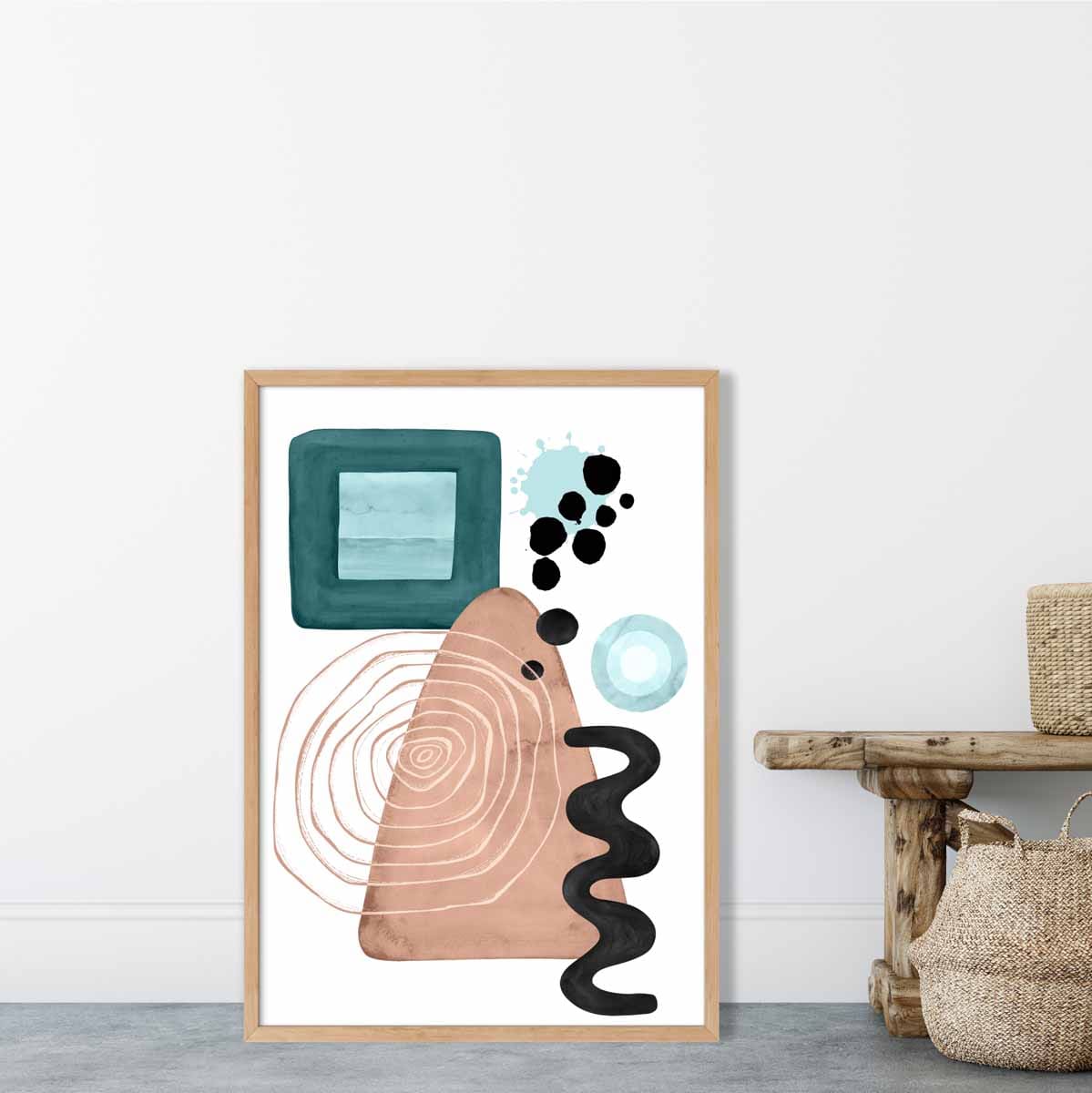 Abstraktes Wandposter in Aquablau und Beige Nr. 6