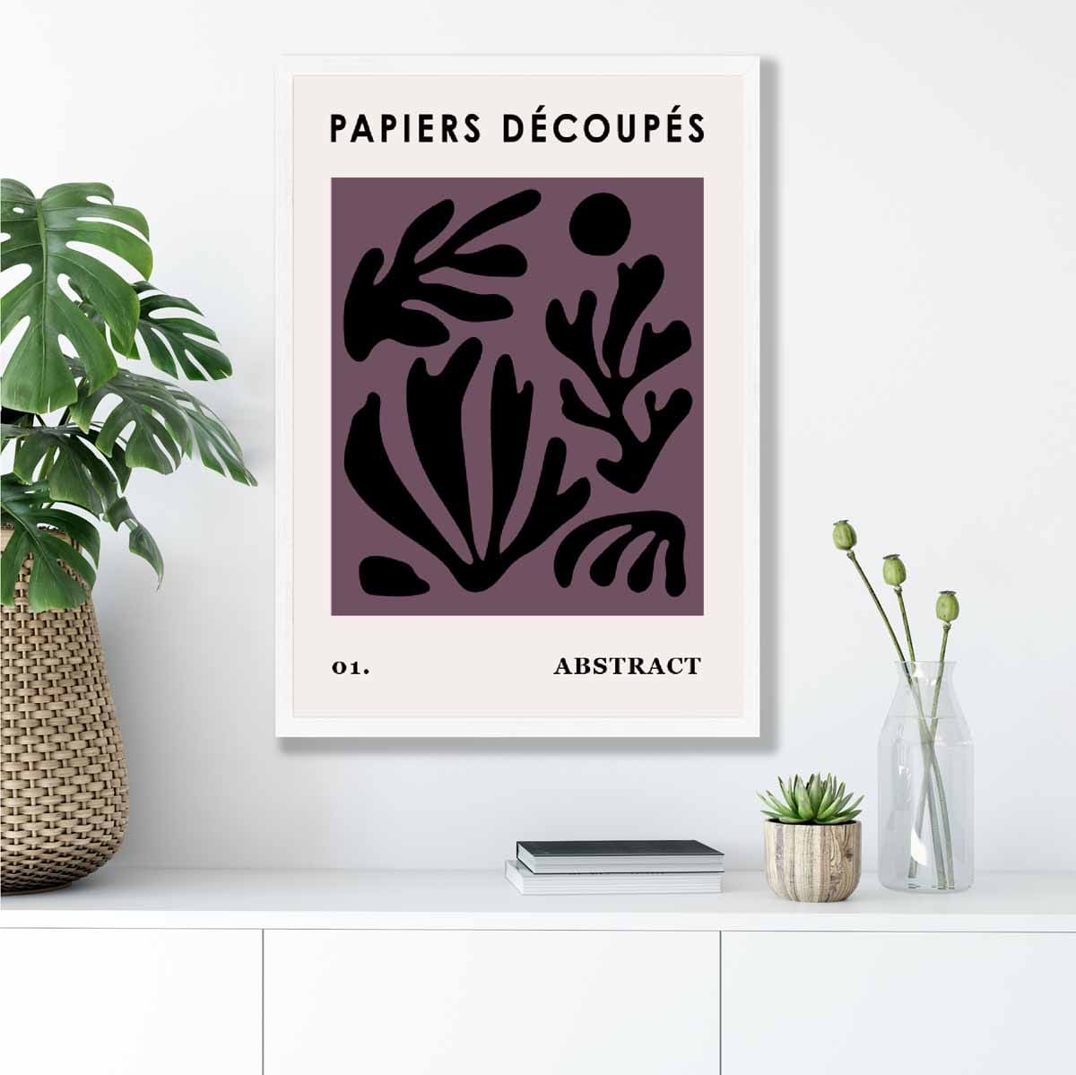 Abstraktes Blumenposter in Dunkelviolett und Schwarz Nr. 1