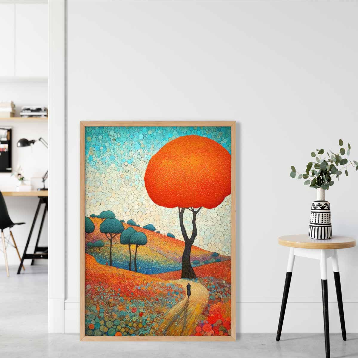 Abstraktes Gemälde mit farbenfrohen Hügeln und Bäumen (Kunstdruck)