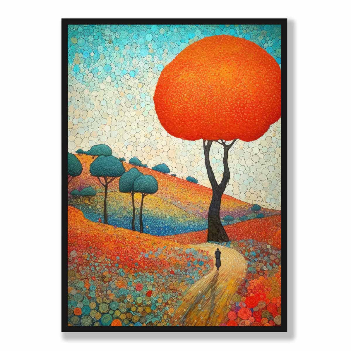 Abstraktes Gemälde mit farbenfrohen Hügeln und Bäumen (Kunstdruck)