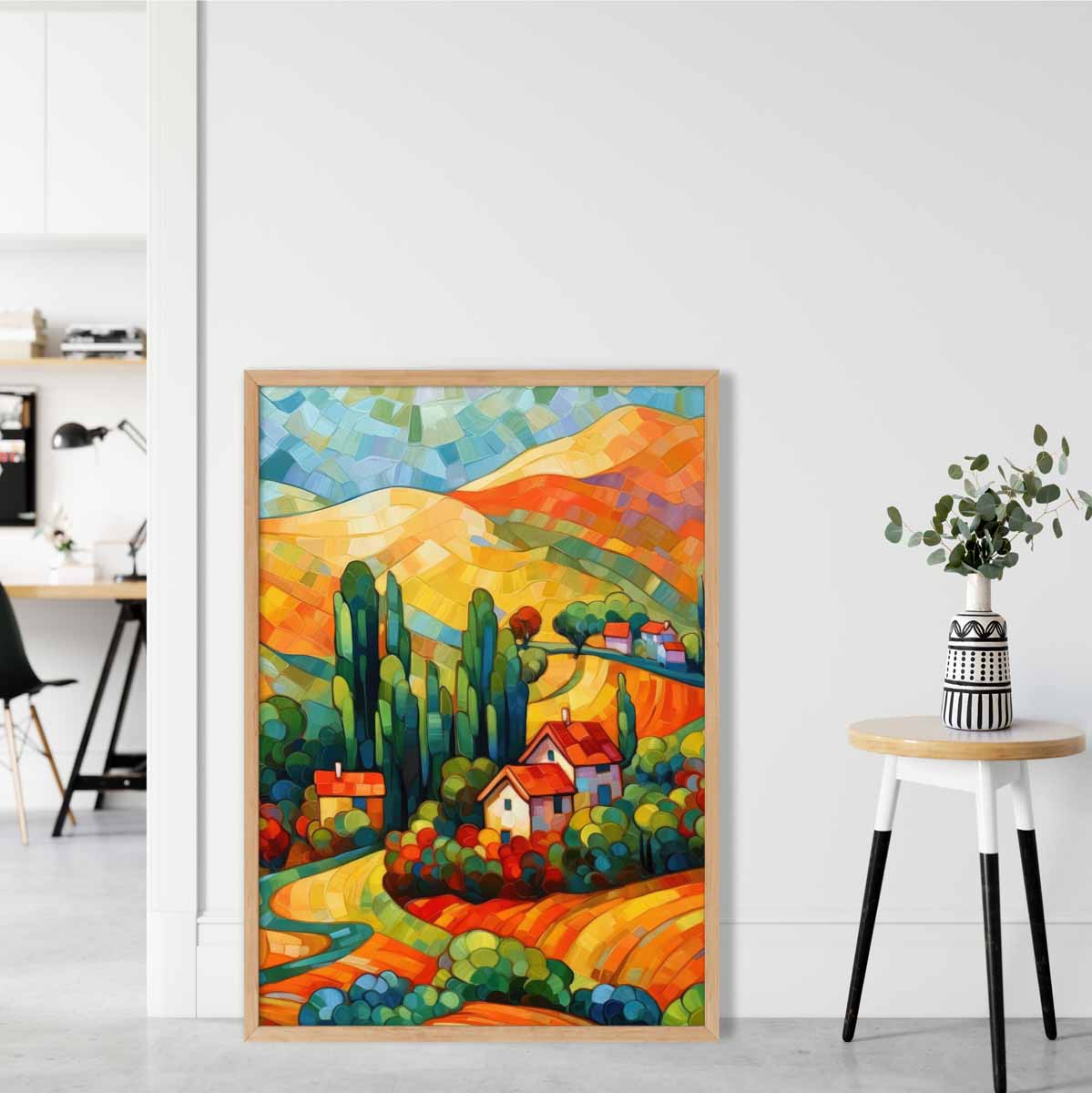 Farbenfrohe Landschaft mit Haus, abstraktes Gemälde, Kunstdruck