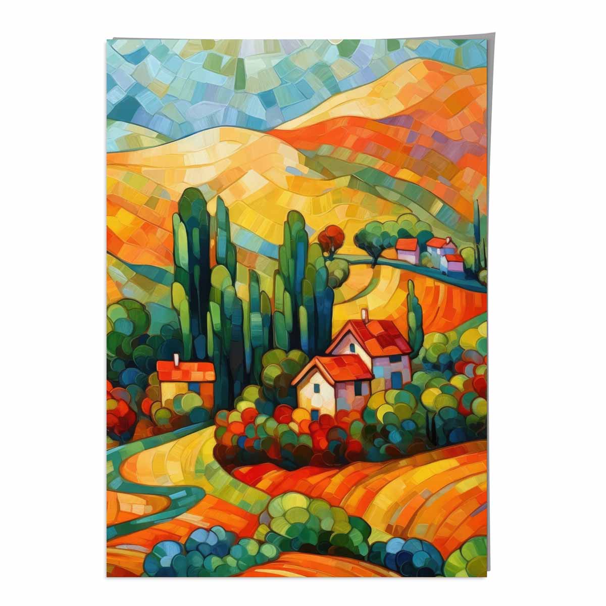 Farbenfrohe Landschaft mit Haus, abstraktes Gemälde, Kunstdruck