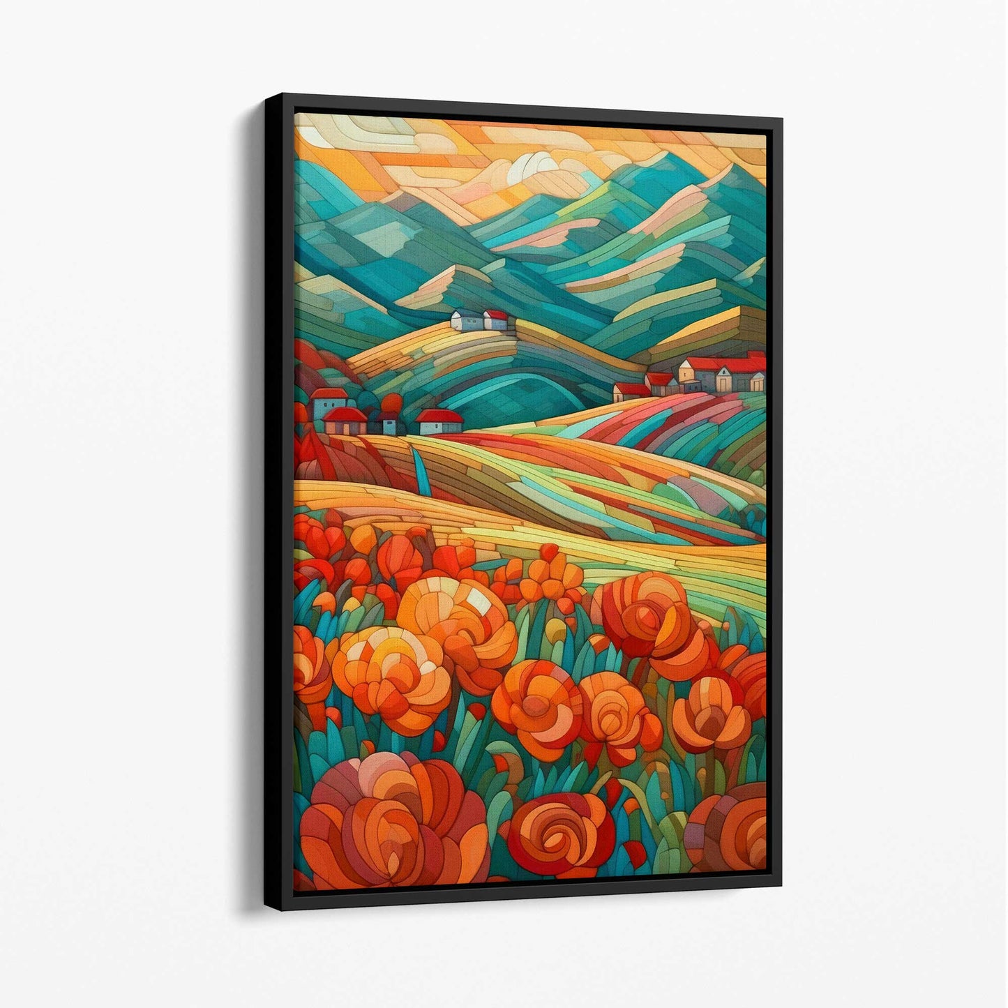 Farbenfrohe Landschaft mit roten Blumen, abstraktes Gemälde, Leinwanddruck