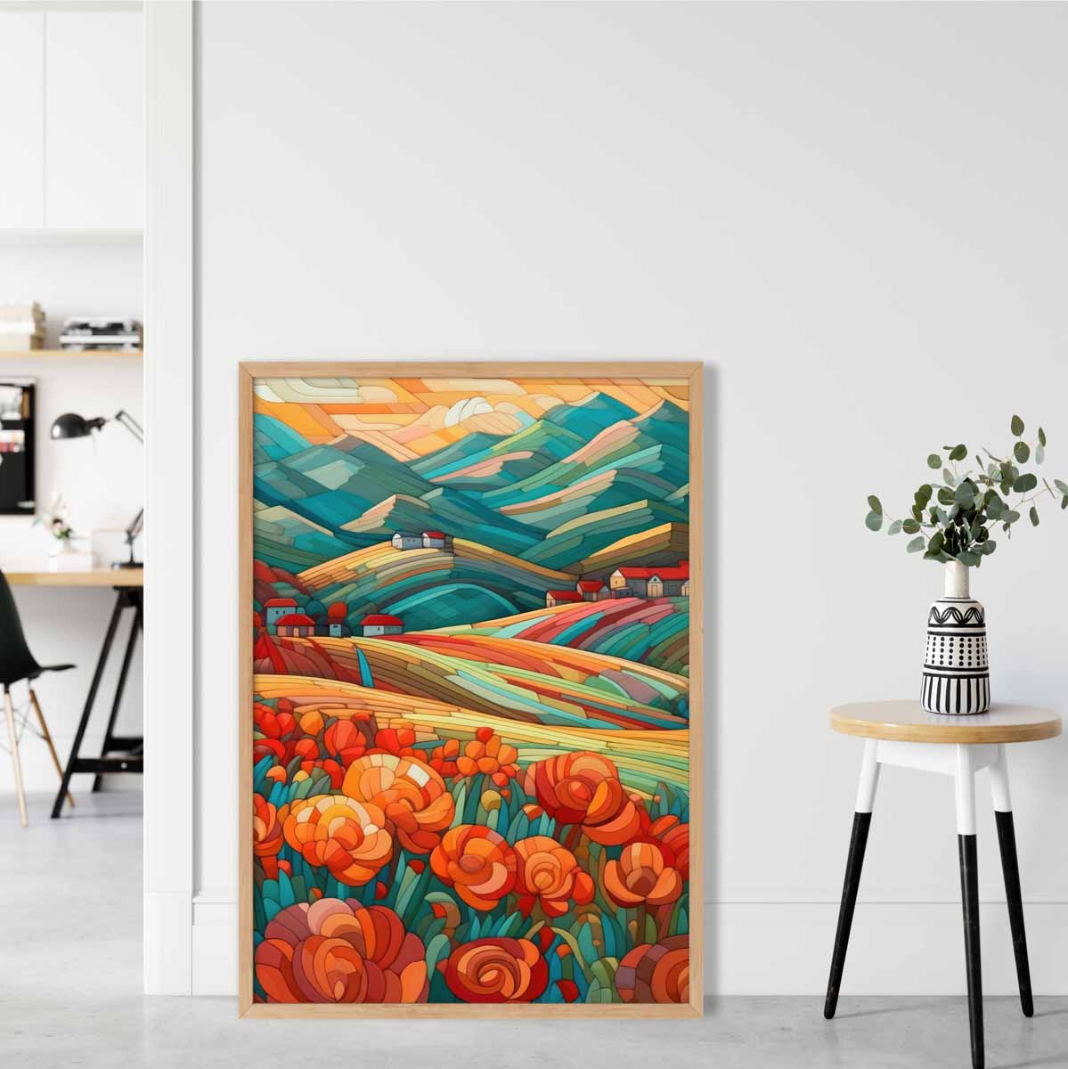 Farbenfrohe Landschaft mit roten Blumen, abstraktes Gemälde, Kunstdruck