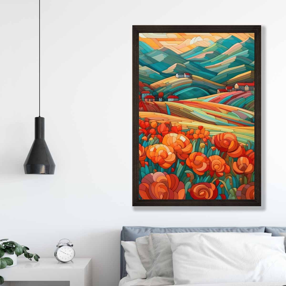 Farbenfrohe Landschaft mit roten Blumen, abstraktes Gemälde, Kunstdruck