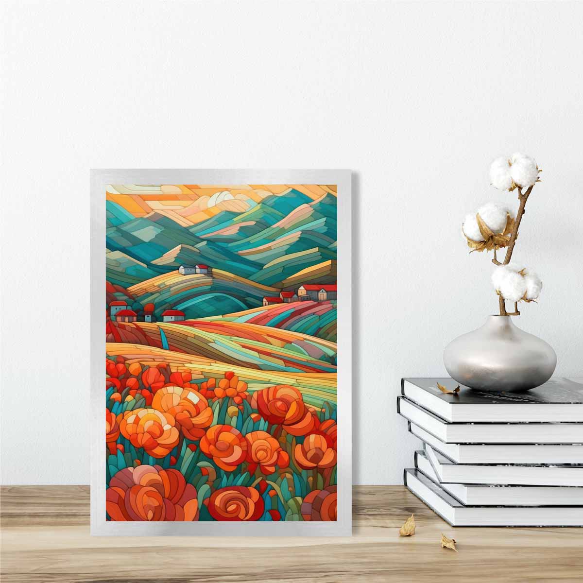 Farbenfrohe Landschaft mit roten Blumen, abstraktes Gemälde, Kunstdruck
